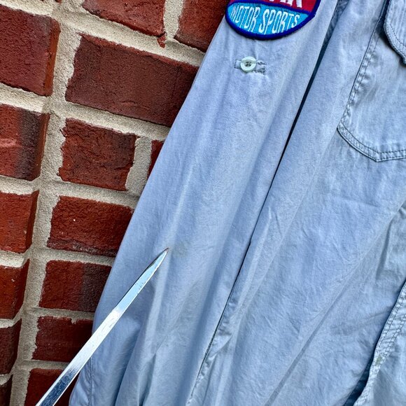 Antik Denim Button Up Patch Shirt Mens Large Blue Long Roll Tab Sleeves Patches - Picture 5 of 13